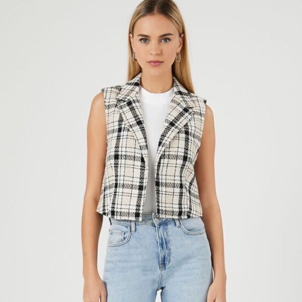 Tweed Plaid Open-Front Vest - Picture 4 of 7